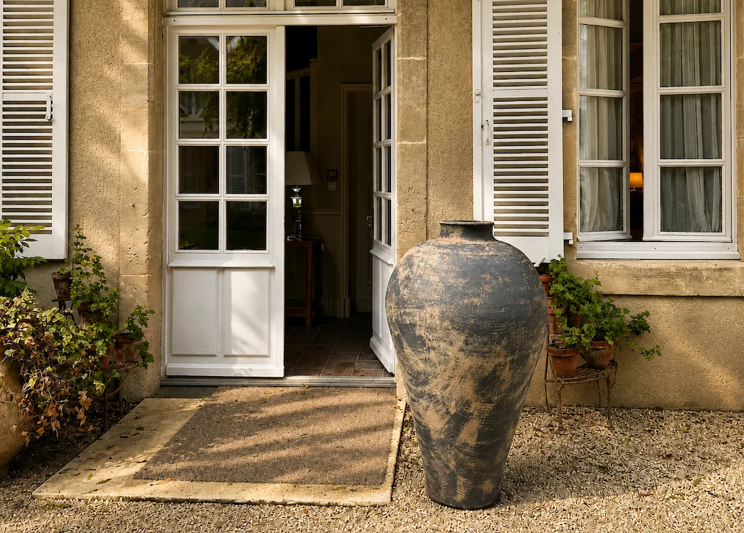 Amphora II en terre sombre devant une architecture classique